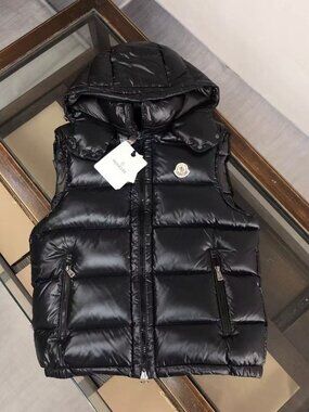 Moncler Black Hooded Down Vest, Warm Outerwear, Size S.